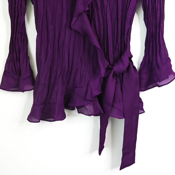 EAST 5th Purple Accordion Pleated Ruffled V-Neck Flared Long Sleeve Wrap Blouse - Picture 4 of 8